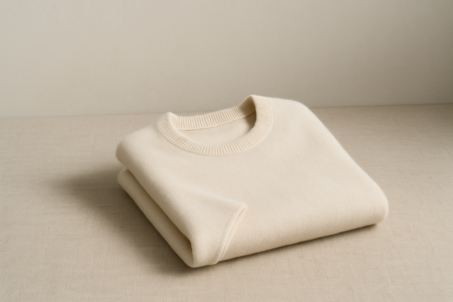 A minimalist editorial-style fashion photo for a luxury clothing brand.
Neutral beige, cream, and soft grey tones.
A single folded garment (like a t-shirt or knitwear) on a textured surface (linen, stone, or matte wood).
Soft natural lighting with gentle shadows, high-end magazine aesthetic.
Plenty of white space for text overlay.
No logos, no people, no clutter — pure and refined.